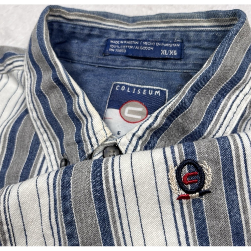VTG 90s Coliseum Button Shirt Mens XL White Blue STRIPE Logo Long‎ Sleeve Retro